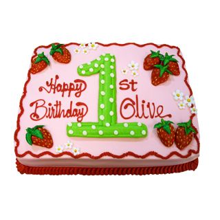 Strawberries & Daisies  www.deerfieldsbakery.com Strawberry Decorated Cake Birthday, Berry First Birthday Sheet Cake, Strawberry Themed Sheet Cake, Sweet One Birthday Cake Strawberry, Strawberry Shortcake Bday Cake, Customer Service Office, Strawberry Cake One Year Old, Strawberry Cake For Baby Girl, Strawberry Shortcake Theme Cake