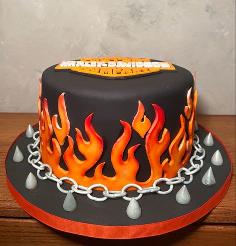 Fondant covered with airbrushed flames Harley Davidson Cake, Cake Inspo, 6th Birthday Parties, 6th Birthday, Fondant Cake, Cake Cookies, Fondant, Harley Davidson, Birthday Party