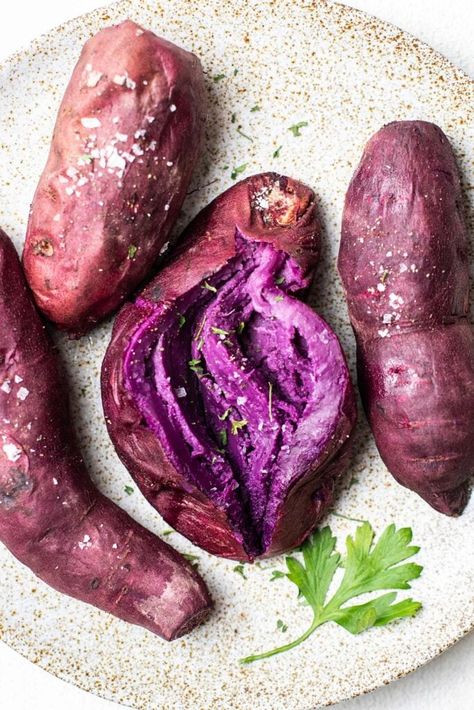 How To Cook Purple Sweet Potatoes, Sweet Purple Potato Recipes, Purple Sweet Potato Recipes Healthy, Roasted Purple Sweet Potatoes, Japanese Purple Sweet Potato Recipe, Baked Purple Sweet Potato, Purple Sweet Potato Recipes, Japanese Purple Sweet Potato, Purple Potato Recipes