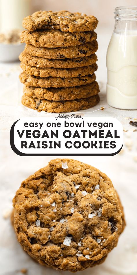 Easy Vegan Oatmeal Raisin Cookies - Addicted to Dates Easy Vegan Oatmeal, Vegan Oatmeal Raisin Cookies, Vegan Oatmeal Cookies, Cookie Recipes From Scratch, Cookie Recipes Oatmeal Raisin, Vegan Oatmeal, Cookie Cake Recipe, Oatmeal Cookie Recipes, Oatmeal Raisin Cookies