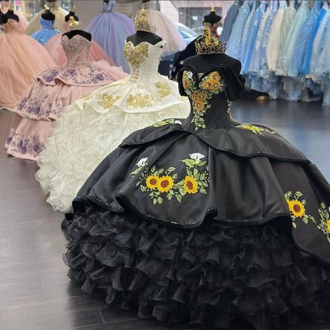 Black Charro Queen Quinceanera Dresses Off Shoulder Sunflower Embroidery Chapel Train Sweet 15 Quinceanera Dresses Charro, Black Quince Dresses, Black Quinceanera Dresses, Mexican Quinceanera Dresses, Charro Quinceanera Dresses, Sunflower Embroidery, Quinceanera Planning, Dresses Off Shoulder, Quince Dresses Mexican