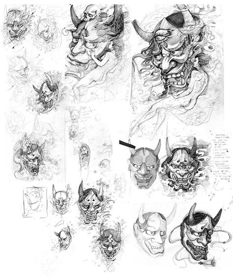 Chronic Ink Tattoo - Toronto Tattoo Hannya Mask process sketches by Evan. Tattoos Polynesian, Toronto Tattoo, Dragon Tattoo Arm, Tattoos Japanese, Tattoo Toronto, Oni Tattoo, Hannya Mask Tattoo, Tattoos Hand, Tattoo Process