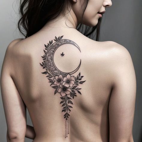 "Graceful Blooms and Moonlit Magic" A stunning crescent moon tattoo with blooming flowers and flowing vines down the spine. Like, share, and follow for enchanting designs! #SpineTattoo #GracefulDesign #MoonlitMagic #FeminineInk #FloralBeauty Moon Flower Back Tattoo, Full Moon And Flower Tattoo, Crescent Moon Tattoo Flowers, Moon With Flowers Tattoo Design, Moon Back Tattoo, Moon Shaped Flower Tattoo, Moonlight Tattoo, Back Tattoos Spine, Crescent Moon Tattoo