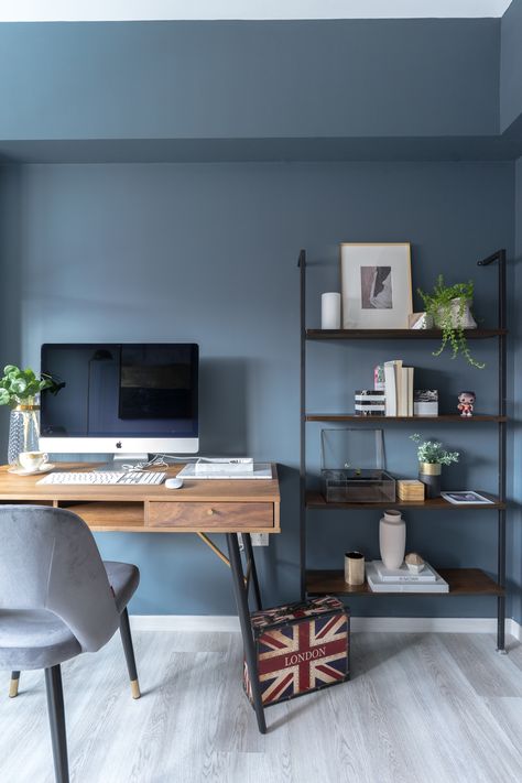 Scandinavian Interior Study Room, Blue Gray Office Walls, Blue Grey Home Office, Light Blue Office Design, Blue And Gray Office Ideas, Blue Wall Office Ideas, Slate Blue Office, Blue And Gray Office, Blue Office Walls