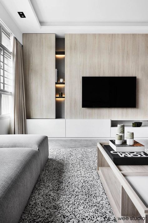 TV wall with hidden storage Living Room Tv And Storage, Tv Wall And Storage, Feature Wall Storage Living Room, Tv Walls With Storage, Modern Living Tv Wall, Tv Unit With Hidden Storage, Modern Tv Wall With Storage, Tv Feature Wall Storage, Modern Tv Unit With Storage