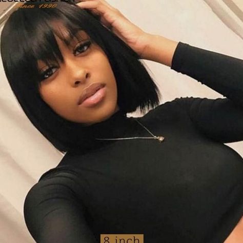 Classy and Sassy Short Wig with a Bang - Premium, Soft Hair, Natural BlackCap Size: Average Size 150% densityAvailable in 8-16 inches Fast Shipping 5-10 working days #hairstylist #hairstyles #haircolor Bob Bangstyle Hair Black Women, Bangstyle Hair Long Black Women, Bob With Bangs For Black Women, Short Bobs With Bangs, Stylish Short Hair, Easy Hairstyles For Medium Hair, Short Hair Wigs, Braided Hairstyles Updo, Penteado Cabelo Curto