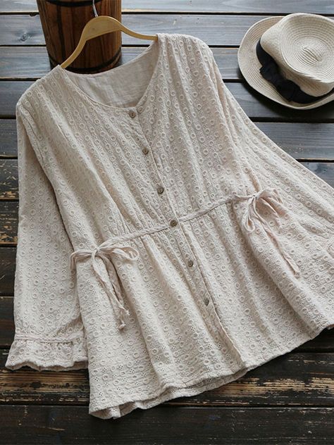 Women V-neck Long Sleeve Drawstring Vintage Blouses Vintage Blouses, Pakistani Fashion Casual, Cotton Kurti Designs, Kurti Neck Designs, Fashion Tops Blouse, Fashionista Clothes, Stylish Dresses For Girls, Kurta Designs, Blouse Vintage