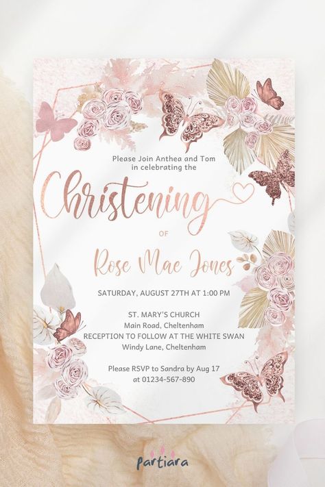 Christening Themes, Butterfly 1st Birthday, Christening Invitations Girl, Butterfly Invitation, Christening Decorations, Rose Gold Theme, Butterfly Invitations, Bohemian Baby Shower, Rose Gold Butterfly