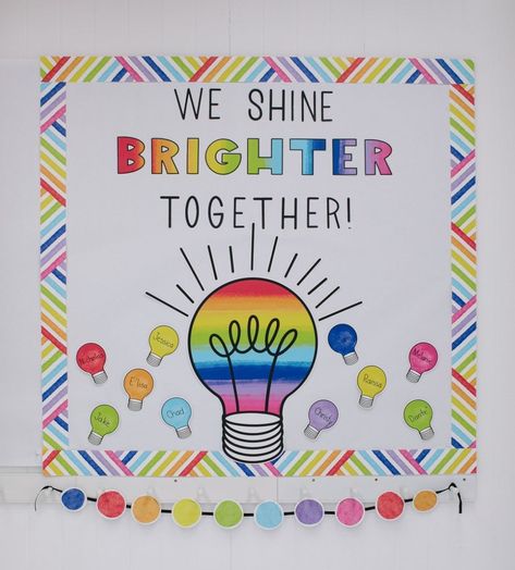 We Shine Brighter Together Bulletin Board, Light Bulb Quotes, We Shine Brighter Together, Classroom Entrance, Classroom Accessories, Happy Lights, Classroom Makeover, Dark Blue Purple, School Doors