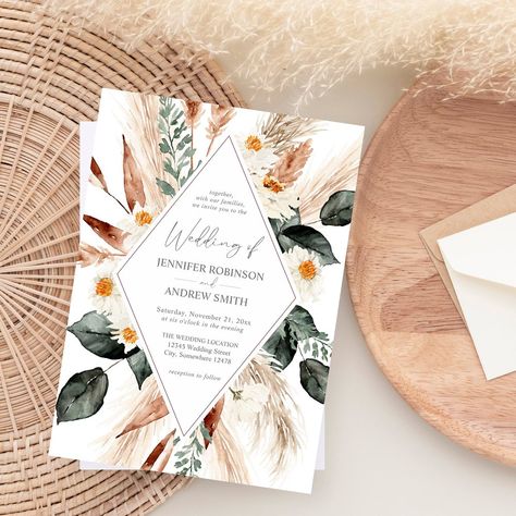 $1.90 | Boho Copper Pampas Grass & Beige Floral Wedding Invitation #wedding #floral #modern #boho #bohemian #beige #pampas #grass #copper #terracotta Boho Elegant Wedding, Desert Boho Wedding, Tropical Boho Wedding, Bohemian Invitation, Boho Glam Wedding, Chalkboard Writing, Wedding Announcement Cards, Bohemian Theme, Wedding 2025