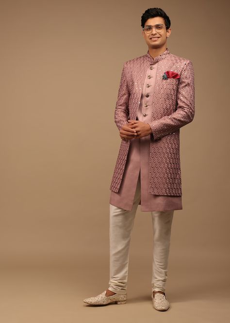 Pink Sherwani With Abla Work Abla Work, Grooms Outfits, Pink Sherwani, Indian Wedding Clothes For Men, Sherwani For Men Wedding, Haldi Outfits, Sangeet Outfit, Sherwani Groom, Groom Wedding Dress