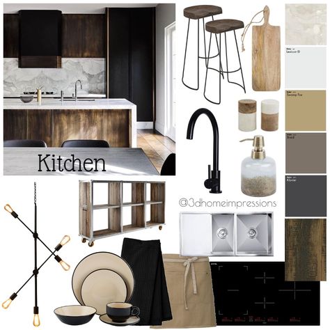 Jasmine kitchen Interior Design Mood Board by Style A Space | Style Sourcebook Modern Rustic Mood Board, Rustic Mood Board Interior Design, Industrial Mood Board Interior Design, Kitchen Moodboard Interior Design, Industrial Kitchen Interior, House Palettes, Mood Board Examples, Mood Board Ideas, Industrial Interior Kitchen