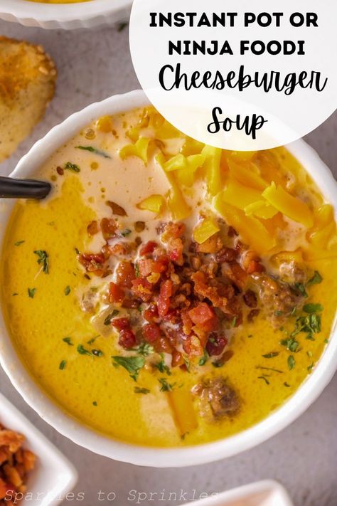 Get the flavors of a cheeseburger but in a savory and comforting soup form. This Instant Pot or Ninja Foodi Cheeseburger Soup is a total comfort dish. Ground beef, potatoes, carrots, and cheese in a creamy base. Dive that spoon in and taste one outstanding soup that is crowd worthy. Cheeseburger Soup Instant Pot, Ground Beef Potatoes, Beef Potatoes, Soup Instant Pot, Cheese Burger Soup Recipes, Hearty Soup Recipes, Pea And Ham Soup, Comforting Soup, Cheeseburger Soup