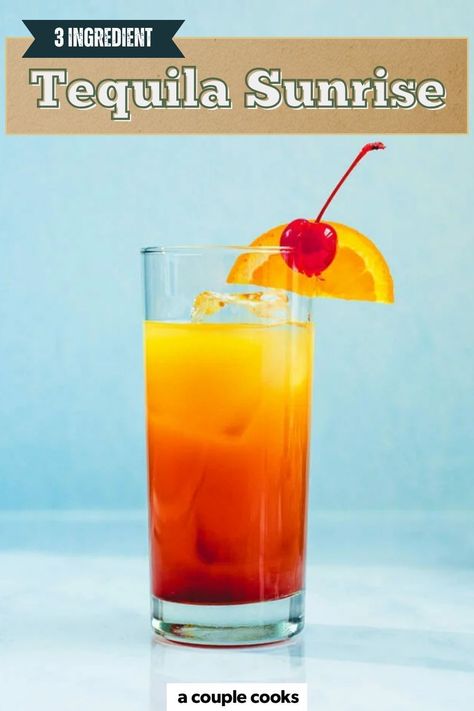 This Tequila Sunrise recipe is as beautiful as it is delicious! With just 3 ingredients, you can create this vibrant cocktail in minutes. Pop over to our site for the recipe! Tequila Sunrise Drink, Tequila Sunrise Recipe, Sunrise Drink, Tequila Sunrise Cocktail, Christmas Drinks Alcohol Recipes, Christmas Drinks Alcohol, Most Pinned Recipes, A Couple Cooks, Tequila Margarita