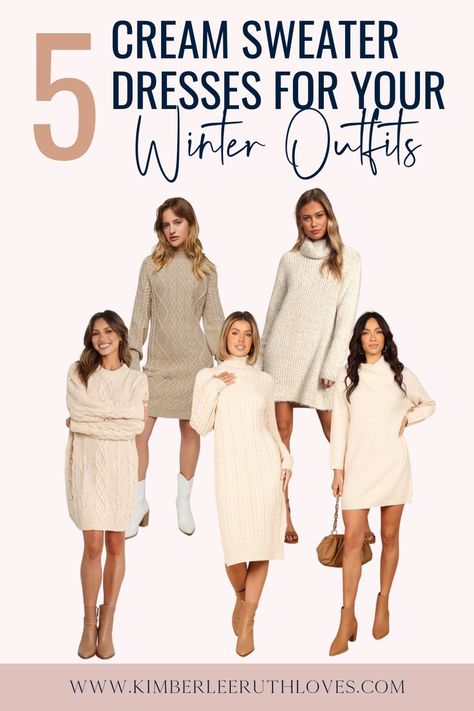 Are you ready to stay warm and stylish this winter? We’ve got you covered with these 5 stunning cream sweater dresses perfect for your winter outfits. They're perfect for layering and keeping you warm on those chilly days. Click the link to get yours today! #sweaterdress #petitefashion #winteroutfit #winterstyle #winterclothes Cream Sweater Dress Outfit, Knitted Dress Outfit, Dress Outfit Winter, Cream Knitted Dress, Cream Sweater Dress, Sweater Dress Outfit, Mini Sweater, Winter Dress Outfits, Sweater Dresses