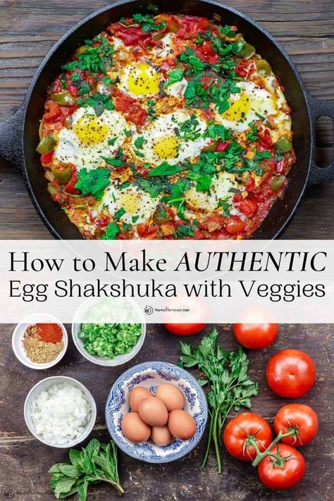 Learn how to make shakshuka perfectly every time! Gently poached eggs in a chunky tomato and bell pepper sauce, this is an authentic Tunisian shakshuka recipe you'll love! Recipe comes with easy tips and ideas for how to serve it. Shakshuka With Fresh Tomatoes, Eggs In Spicy Tomato And Roasted Red Pepper Sauce (shakshuka), How To Learn To Love Cooking, Shakshouka Eggs Recipe, Shakushaku Recipe, Mediterranean Brunch Recipes, Best Shakshuka Recipe, Greek Shakshuka, Shashuksha Recipe