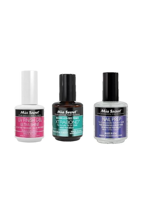 MIA SECRET - 3pc. UV Finish Gel Ultra Shine (0.5oz), Xtrabond Primer (0.5oz), and Nail Prep (0.5oz) Gel Nail Prep, Professional Acrylic Nail Kit, Nails Business, Acrylic Nails At Home, Nail Primer, Tech Career, Couple Drawing, Nail Prep, Acrylic Nail Kit