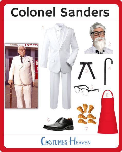 A Colonel Sanders costume is sure to make your friends laugh and feel hungry in equal measure. Grab the fried chicken as your signature item, and you're ready to party. #ColonelSanders #KFC #cosplay #halloweencostume #costumesheaven Kfc Man Costume, Kfc Dog Costume, Kfc And Chicken Costume, Kfc Couples Costume, Colonel Sanders And Chicken Costume, Fast Food Cosplay, Kfc Halloween Costume, Kfc Guy, Kfc Costume