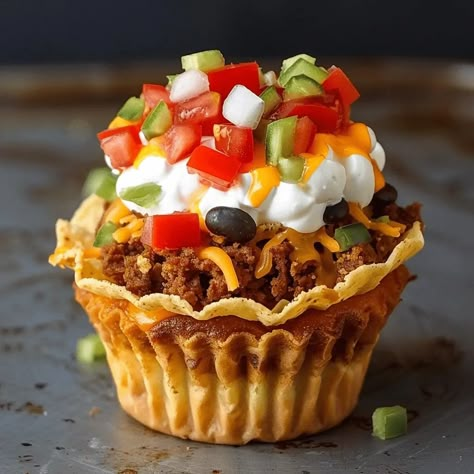 Taco Cupcakes Recipe: A Fun Twist on a Classic! - MmmRecipes : Easy and Delicious Recipes Taco Cupcakes Recipe, Taco Cupcakes Wonton, Wonton Taco Cups, Taco Cupcakes, Taco Bites, Taco Cups, Crispy Tacos, Night Recipes, Shredded Cheddar Cheese