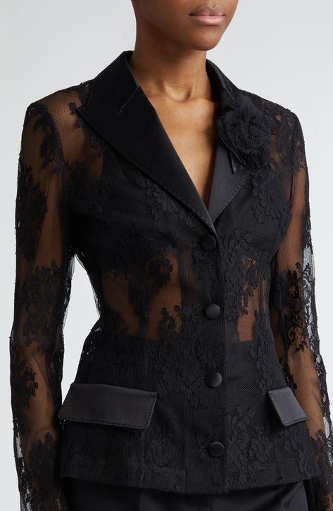 D&G turn back the clock to (their) iconic looks of eras past and apply a fresh and even more sensual veneer to styles such as this runway-featured lace jacket. The sheer floral-lace style is framed by impeccably tailored duchesse-satin lapels with pickstitching that are graced with a tonal lace-flower boutonniere. Front button closure Peaked lapels Decorative pocket flaps Sheer 70% cotton, 22% nylon, 6% silk, 2% polyester Dry clean Made in Italy Designer Clothing Lace Blazer Jacket, Black Lace Jacket, Stage Beauty, Fashion Design Classes, Lace Suit, Lace Coat, Iconic Looks, Sheer Jacket, Designer Clothing Brands