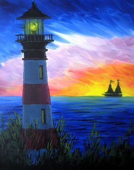 Beautiful lighthouse with a gorgeous view (180 pieces) Lighthouse Painting, Lighthouse Art, Picasso Paintings, Paint Nite, Kunst Inspiration, Soyut Sanat Tabloları, Rainbow Light, Simple Acrylic Paintings, Lukisan Cat Air