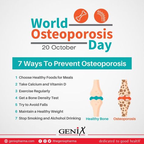 Today is World Osteoporosis Day, celebrated every year of 20th October! Osteoporosis is a condition in which bones become weak and brittle due to reduced bone density. Such bones may break from a fall or, in serious cases, from sneezing or minor bumps. Genix Pharma dedicated to good health #WorldOsteoporosisDay #WorldOsteoporosisDay2021 #Osteoporosis #OsteoporosisAwareness #Bones #BoneHealth #Health #OsteoporosisPrevention #Genix #GenixPharma #dedicatedtogoodhealth World Osteoporosis Day, Bone Density Test, Osteoporosis Prevention, Bone Density, Healthy Bones, Bone Health, Good Health, Vitamin D, Healthy Weight