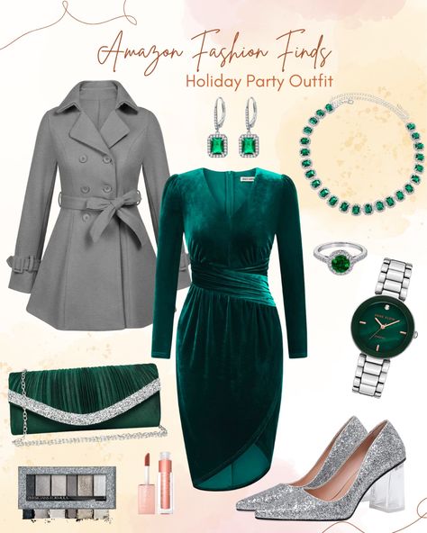 Green And Silver Outfit, Green Dress For Christmas, Red Plaid Outfit, Emerald Green And Silver, Green Holiday Dress, Christmas Party Outfit Ideas, Hunter Green Dresses, Dress Tips, Book Fashion