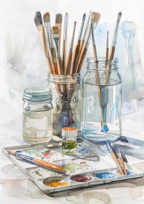 Paint Tubes Aesthetic, Glass Watercolor Painting, Printable Painting Templates, Watercolor Painting Ideas Easy, Watercolor Still Life Paintings, Realistic Watercolor Paintings, Watercolor Vase, Watercolour Still Life, Painting Ideas Tutorials