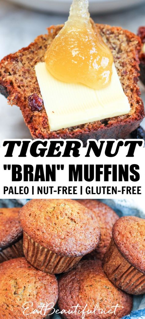 Tigernut Bread Recipes, Paleo Tigernut Flour Recipes, Tiger Nut Flour Muffins, Tiger Nuts Recipes, Tiger Nut Recipes, Tiger Nut Flour Recipes, Tigernut Muffins, Nut Free Muffins, Gluten Free Bran Muffins