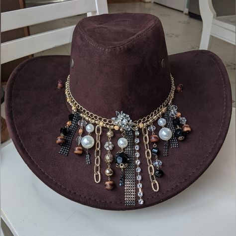 Handcrafted Brown Cowgirl Hat Ooak! Gorgeous And Unique Chocolate Brown Cowboy Hat. This Brand New & Never Worn Faux Suede Hat Has Been Hand Embellished With Upcycled, Reworked, And Repurposed Pieces Of Mostly Vintage Jewelry. Included Are Wood Beads, Black Beads, Crystal Beads, Faux Pearls, Gold Pieces, Diamond Rhinestones, Gold Beads, Gold Chains, Silver Pieces, And More. I Have Attached All Of The Embellishments To Each Other And Have Attached Them To The Hat Using A Brooch In Front (Silver,