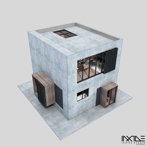 KOTAK Haus on Behance Stairs Drawing, Small Prefab Cabins, Cubes Architecture, Brutalism Architecture, Prefab Cabins, Compact House, Modern Stairs, Concrete House, Minimalist House Design