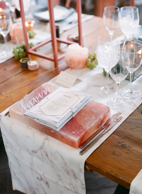 The gorgeous wedding we did calligraphy on himalayan salt shot glasses for! | #weddingmenu #calligraphy #saltshotglass #reception #weddinginspiration #weddings #weddingplanning #bridetobe #centerpieces #tablescapes #partyplanning #weddingdecor #lhcalligraphy Bedside Table Styling Salt Lamp, Salt Lamp Desk, Himalayan Salt Rock Decor, Himalayan Salt Lamp Decor, Himalayan Salt Lamp Bedside Table, Himalayan Salt Candle, Table Chargers, Bday Brunch, Wedding Lavender