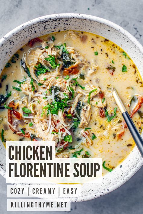 Thought you knew Chicken Florentine? Think again. We're giving this classic French entrée an irresistible makeover by transforming it into a comforting soup! Loaded with chicken, spinach, garlic, and a creamy sauce, this is a soup recipe that will rock your taste buds. Shake up your dinner menu with this sumptuous soup! #ChickenFlorentine #SoupMakeover #CreativeCooking Creamy Garlic Chicken Soup, Creamy Chicken And Spinach Soup, No Carb Chicken Soup, Spinach Chicken Soup Recipes, Soups With Chicken Thighs, Soups Recipes With Chicken, Soups With Spinach Recipes, French Garlic Soup, Whole Chicken Soup Recipes