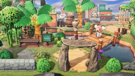 Acnh Jungle Core Entrance, Acnh Tropical Jungle Island Ideas, Acnh Tropical Entrance Ideas, Tropical Entrance Animal Crossing, Acnh Rainforest, Acnh Cute Island Inspiration, Acnh Tropicore, Acnh Entrance, Acnh Tropical