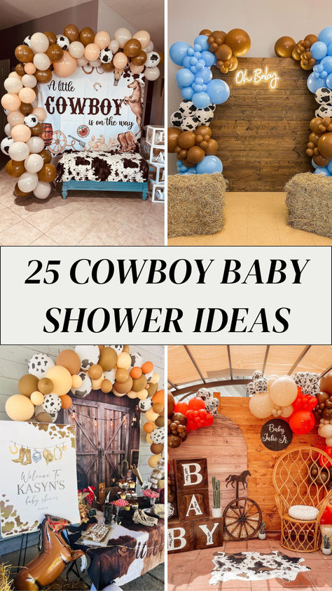 A rustic baby shower table setup with a Western theme, featuring cowboy boots, a 'Welcome Little Cowboy' banner, mason jar drinks, and blue and brown decorations with cactus and hay accents. Western Baby Boy Shower Ideas Little Cowboy, Wild West Baby Shower Ideas, Baby Boy Western Shower Ideas, Boy Western Baby Shower Ideas, Rodeo Themed Baby Shower Ideas, Baby Rodeo Party, Western Theme Baby Shower Ideas Girl, Country Boy Baby Shower Ideas, Vintage Cowboy Baby Shower Ideas