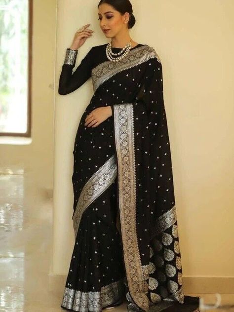 Designer Party Wear Saree Bridal Sari Blouse Indian Wedding Bollywood Ready made Banarasi Georgette Saree, Soft Saree, Full Sleeve Blouse, Banarsi Saree, Black Saree, Party Kleidung, Georgette Saree, Saree Look, Soft Silk Sarees