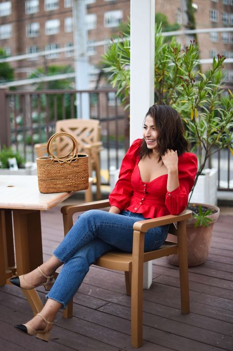 MY SEXY GO-TO DATE NIGHT OUTFIT FORMULA | Regular date nights totally call for a go-to jeans-and-heels outfit. These Levi's, a red top & low heels = HOT! Check out our date night outfit formula.| #TheMomEditStyle #DateNightOutfits #JeansAndHeelsOutfits #LevisOutfit #MomJeansForDateNight #DateNightJeansOutfit #RedTopWithJeansOutfit #SlingbackPumps Red Top Spring Outfit, Date Evening Outfit Casual, Low Heel Outfit Classy, Red Top And Jeans Outfit Classy, Back Less Top Outfit, Red Dress For Date Night, Vday Outfit Ideas Casual, Red Top Jeans Outfit, Date Night Tops For Women