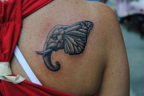 Elephant and Butterfly Wing Tattoo by Cory Hand at The Butcher in Savannah, Ga.   www.coryhandtattoos.com Badminton Poster, Elephant And Butterfly, Butterfly Wing Tattoo, Elephant Butterfly, Tattoo Elephant, Butterfly Tattoo Stencil, Skeleton Hand Tattoo, Wing Tattoo, Trendy Tattoo