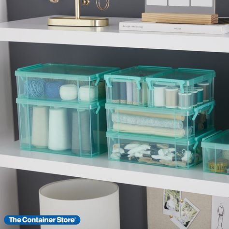 Clearly superior storage! Our Latch Boxes are made from clear polypropylene, making contents easy to identify. The two side latches secure the lid and act as handles, while ridges in the lid make multiple boxes easy to stack. These boxes are ideal for storing everything from crafts to office supplies. Hobby Storage, Hide Wires, Clutter Control, Reach In Closet, Desks For Small Spaces, Online Closet, Custom Closets, Organization Solutions, Container Store