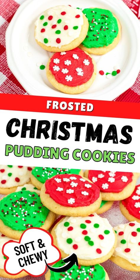 These soft frosted Christmas cookies are topped with a generous layer of frosting and loads of holiday sprinkles, making them perfect for Christmas parties and cookie exchanges. The pudding mix in the dough makes the Christmas cookies incredibly soft, flavorful, and always a hit! #ChristmasCookies #CookieRecipes Christmas Cookies With Pudding, Christmas Pudding Cookies, Frosted Christmas Cookies, Christmas Cookie Dough, Christmas Cookie Frosting, Soft Frosted Sugar Cookies, Christmas Cookies Recipe, Easy Christmas Cookies, Moms Recipes