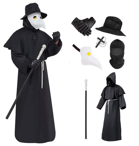 PRICES MAY VARY. 【9 in 1】1*Hat+1*Robe+1*Cloak+1*String Belt+1*Necklace+1*Face mask+1*Plague Doctor Mask+1 pair of Gloves+1*Plastic Cane 【Sizes Suitable for Most Adults】Fit for people height 5'3" to 6'3",plague mask with adjustable belt,fit for most men and women. 【Unique Design】A newly designed steam punk style plague doctor mask with an adjustable headband and air holes on the mask can effectively prevent glasses from fogging, making it more comfortable to wear. 【Creative Gift】Once you wear it, Plague Doctor Costume Women, Halloween Costumes For Men, Plague Doctor Costume, Costumes For Men, Plague Mask, Plague Doctor Mask, Doctor Mask, Doctor Costume, Plague Doctor