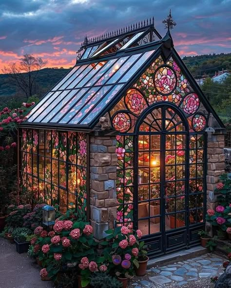 Plant House Aesthetic Exterior, Garden Old House, Conservatory Window Ideas, Unique Stained Glass Windows, Real Tiny House, Cullen House Aesthetic, Dreamy Houses Exterior, Large Home Garden, Greenhouse Stained Glass Windows