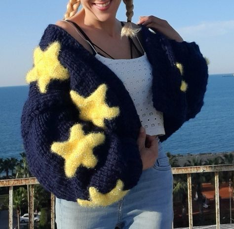 Ema Core, Knit Star, Star Cardigan, Cozy Clothing, Thick Knit Cardigan, Handmade Cardigan, Thick Cardigan, Handmade Knit, Embroidered Cardigan