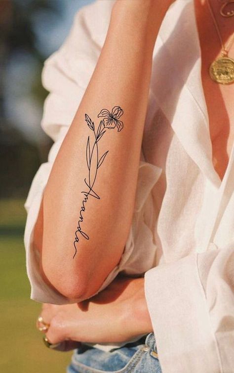 Custom Name Extended Stem Birth Flower Birth Flower Gift Tattoo Comission SVG Floral Name Design - Etsy Side Forearm Tattoos For Women, Name Flower Tattoo, Name Tattoos On Arm, Baby Name Tattoos, M Tattoos, Small Forearm Tattoos, Tattoos With Kids Names, Wildflower Tattoo, Mommy Tattoos