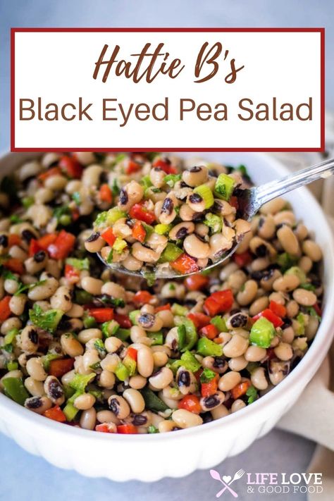 Made completely from scratch, Hattie B’s famous Black Eyed Pea Salad is dressed with a bright and perfectly balanced vinaigrette that’s tossed together with fresh, crisp diced red and green bell peppers, scallions, and garlic. This delicious make ahead marinated black eyed pea salad is great for picnics or barbecues! Black Eye Pea Summer Salad, Black Eyed Peas And Green Beans, Blackeye Pea Salad Recipes, Nana’s Marinated Pea Salad, Black Eyed Pea Patties, Black Eyed Peas Side Dish, Blackeye Pea Salad, Black Eye Pea Salad Recipe, Green Peas Salad