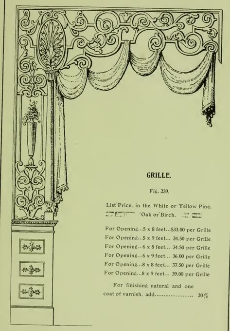 Victorian Doorway Grille from 1904 Rockwell Millwork catalog. Victorian Archway, Victorian Doorway, Victorian Drapes, Victorian Window Treatments, Victorian Elements, Victorian Fretwork, Hall Curtains, Victorian Trim, Creaky Floors