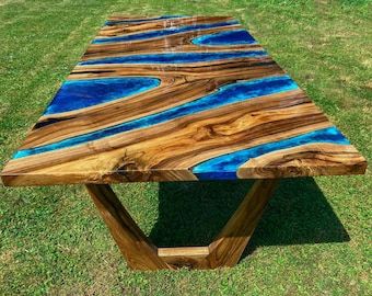 Turquoise Desk, River Dining Table, Diy Resin Table, Outdoor Shutters, Wood Resin Table, Creative Tables, River Table, Blue River, Live Edge Wood