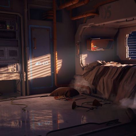 Spaceship Bedroom Concept Art, Sci-fi Environment, Space Sci Fi Aesthetic, Sci Fi Environment Interiors, Scifi Bedroom, Sci Fi Bedroom, Scifi Room, Sci Fi Room, Cyberpunk Room