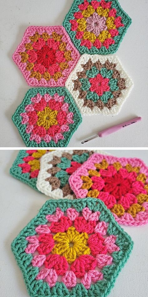 Granny Pentagon, Hexagon Crochet Pattern, Granny Square Crochet Patterns Free, Crochet Hexagon, Crochet Quilt, Girl Flower, Manta Crochet, Crochet Square Patterns, Hexagon Pattern