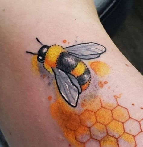 Colorful Bee Tattoo, Bee Tattoo With Honeycomb, Watercolor Bee Tattoo, Bee Tattoo Ideas Simple, Empathy Symbol, Honey Bee Tattoo, Honeycomb Tattoo, Bumble Bee Tattoo, Magic Runes